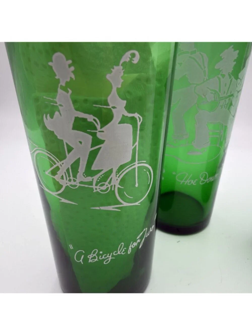 4 ANCHOR HOCKING GREEN DRINKING GLASSES MCM Various Scenes Highball 6.5”